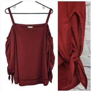 Cato 18/20 Burgundy Chiffon Blouse Off Shoulder Bow Tie Sleeve Women's Plus Top